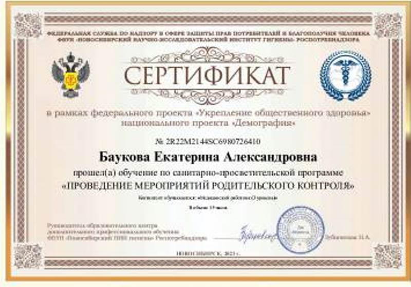 Сертификат Бауковой Е.А.